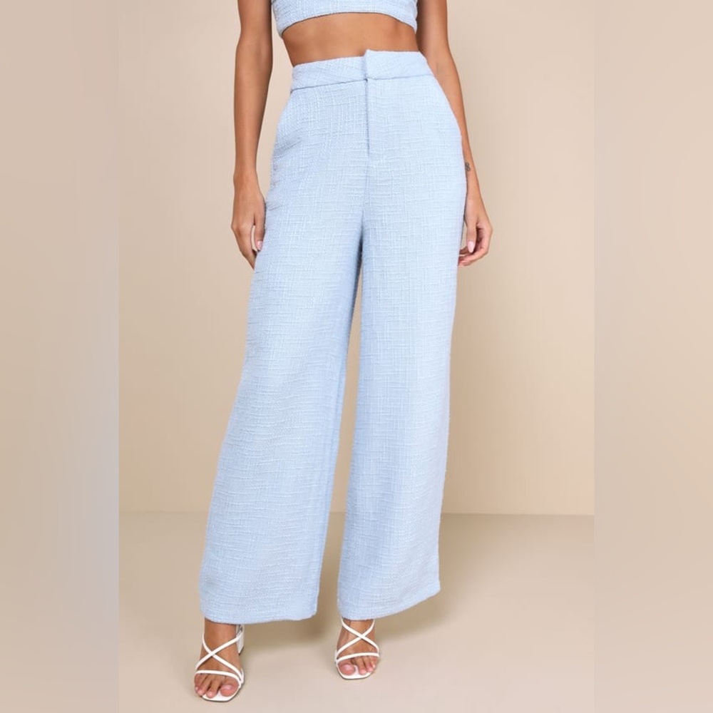 NWT Lulu’s Chic Light Blue Tweed Wide-Leg Pants - Picture 3 of 8